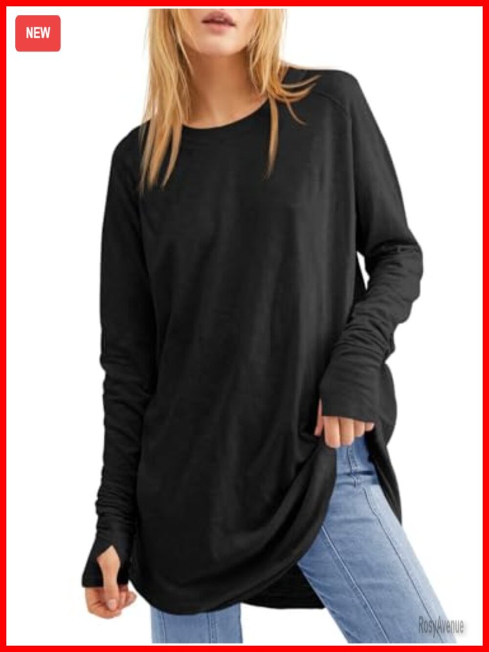 Womens Long Sleeve Tunic Top with Thumb Holes Loose Fit Crew Neck